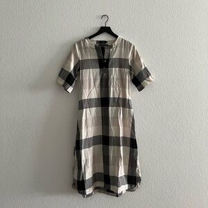 Roolee Black and White Midi Dress with Cuffed Sleeves